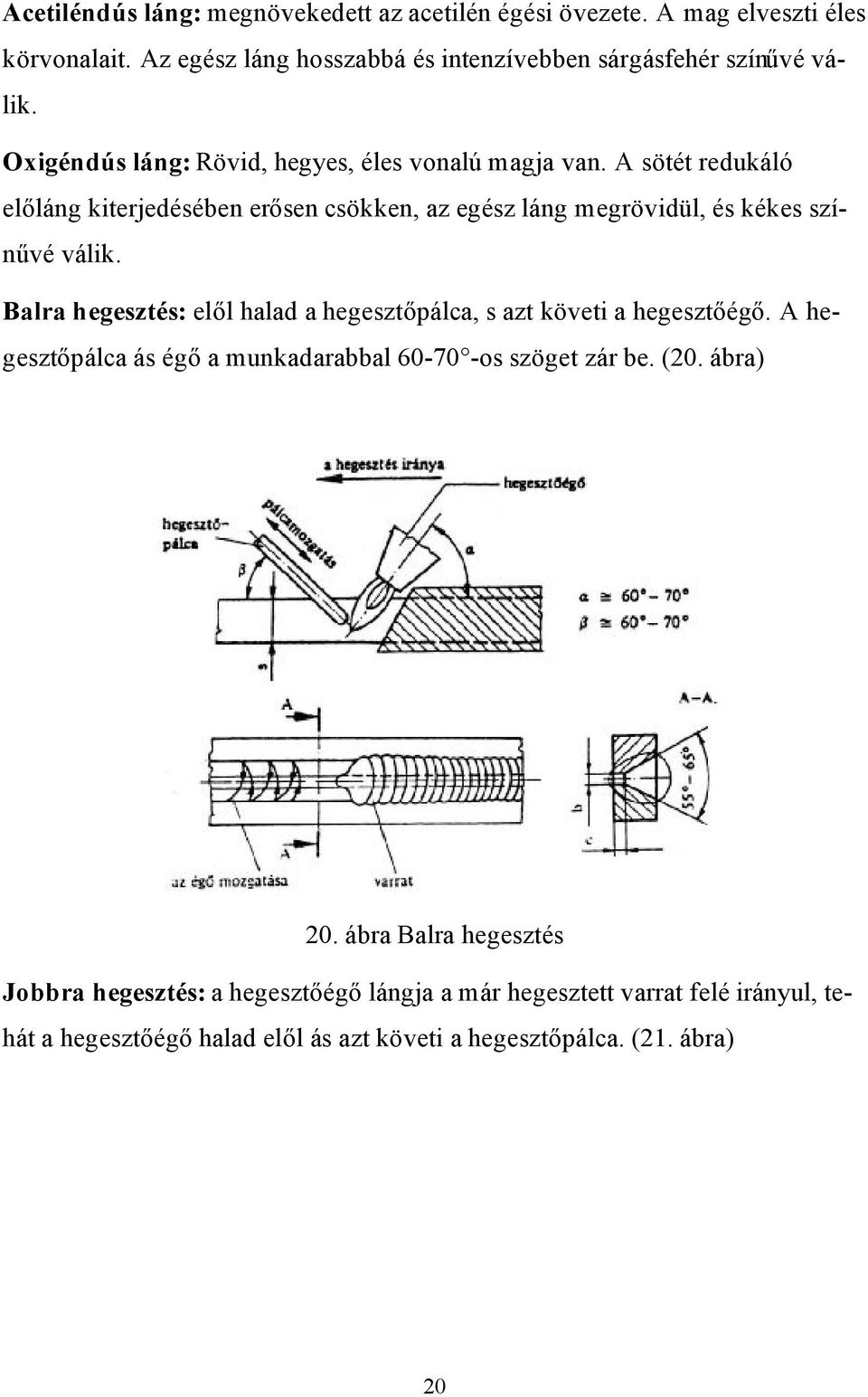 Balra hegesztés: elől halad a hegesztőpálca, s azt követi a hegesztőégő. A hegesztőpálca ás égő a munkadarabbal 60-70 -os szöget zár be. (20. ábra) 20.