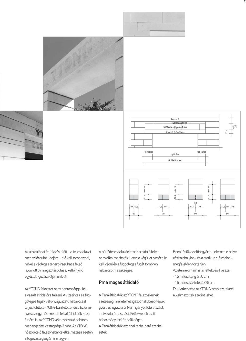 teherbírásukat a felsõ nyomott öv megszilárdulása, kellõ nyíró együttdolgozása útján érik el! Az YTONG falazatot nagy pontossággal kell a vasalt áthidalóra falazni.