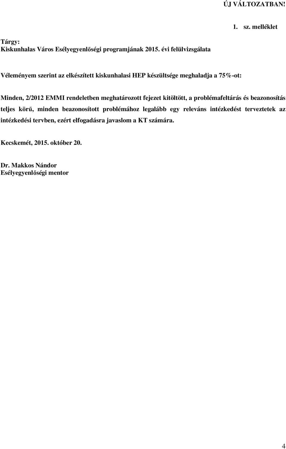 rendeletben meghatározott fejezet kitöltött, a problémafeltárás és beazonosítás teljes körű, minden beazonosított problémához