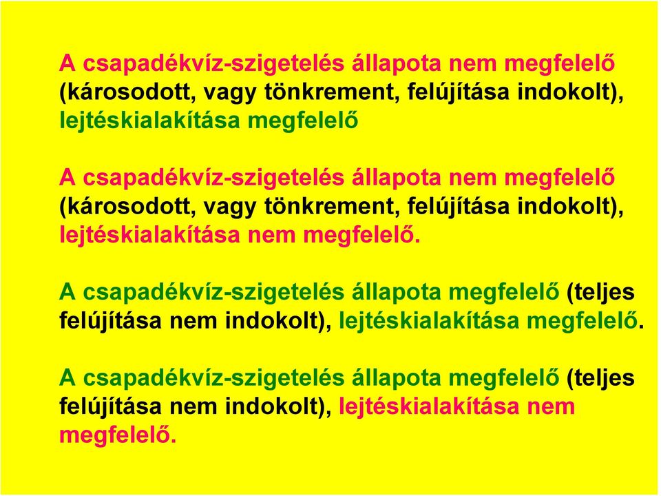 A csapadékvíz-szigetelés állapota megfelelő (teljes felújítása nem indokolt), lejtéskialakítása megfelelő.