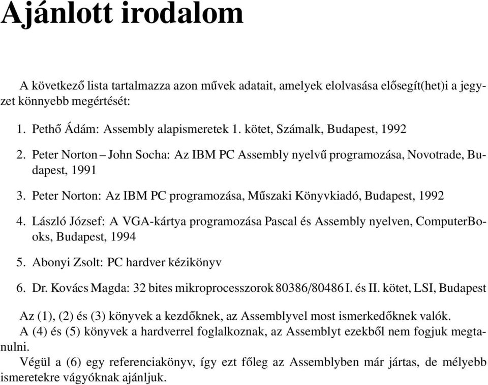 Peter Norton: Az IBM PC programozása, Műszaki Könyvkiadó, Budapest, 1992 4. László József: A VGA-kártya programozása Pascal és Assembly nyelven, ComputerBooks, Budapest, 1994 5.