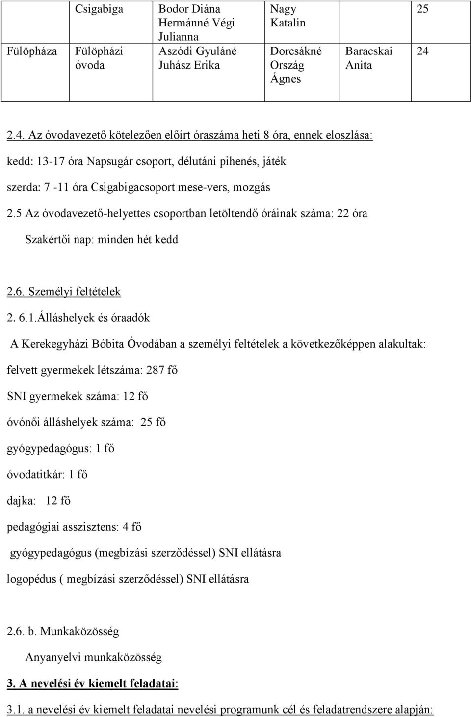 5 Az óvodavezető-helyettes csoportban letöltendő óráinak száma: 22 óra Szakértői nap: minden hét kedd 2.6. Személyi feltételek 2. 6.1.