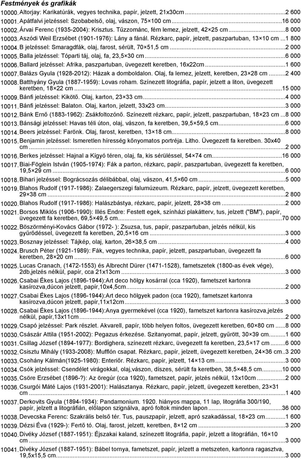 B jelzéssel: Smaragdfák, olaj, farost, sérült, 70 51,5 cm...2 000 10005.Balla jelzéssel: Tóparti táj, olaj, fa, 23,5 30 cm...6 000 10006.
