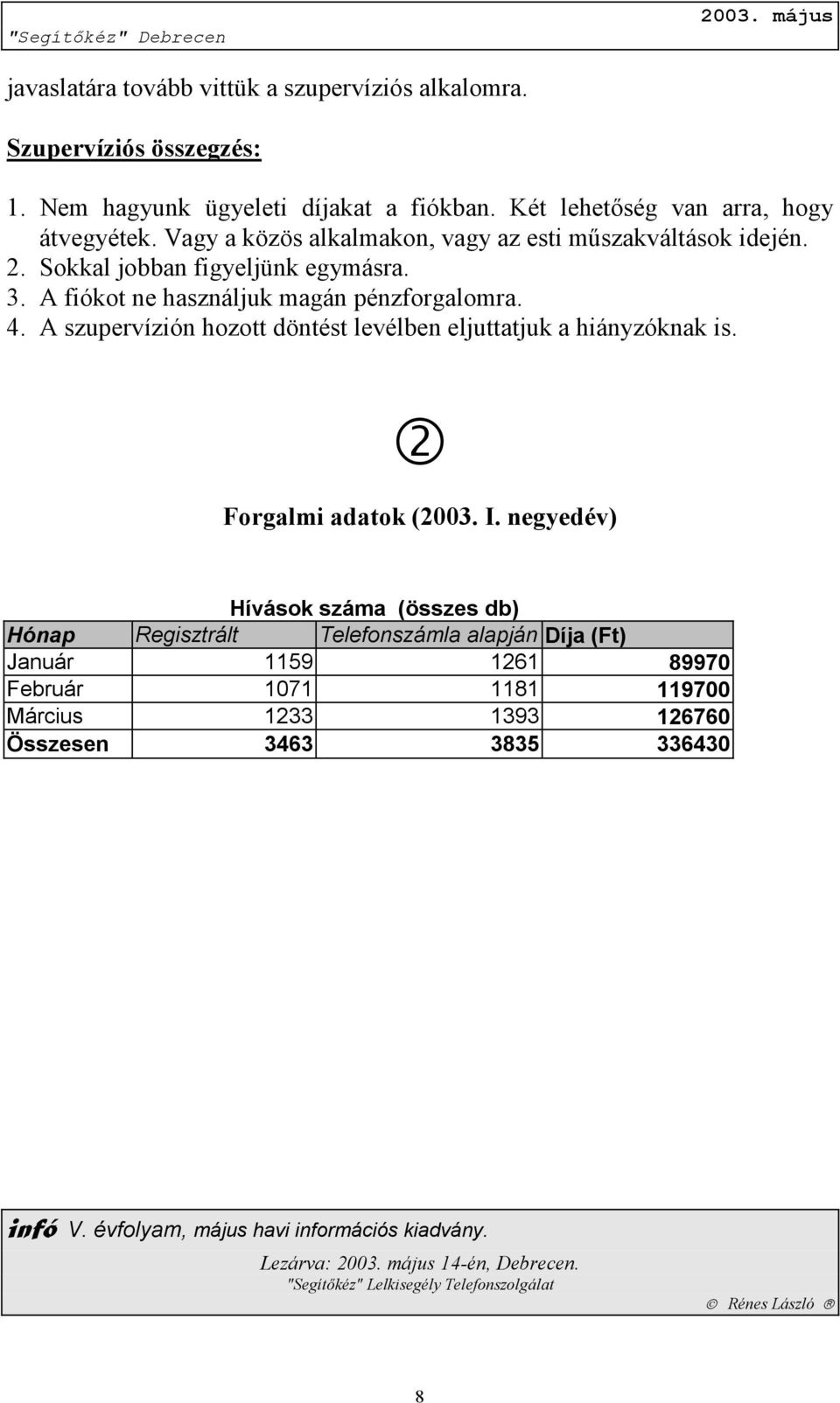 A szupervízión hozott döntést levélben eljuttatjuk a hiányzóknak is. 2 Forgalmi adatok (2003. I.