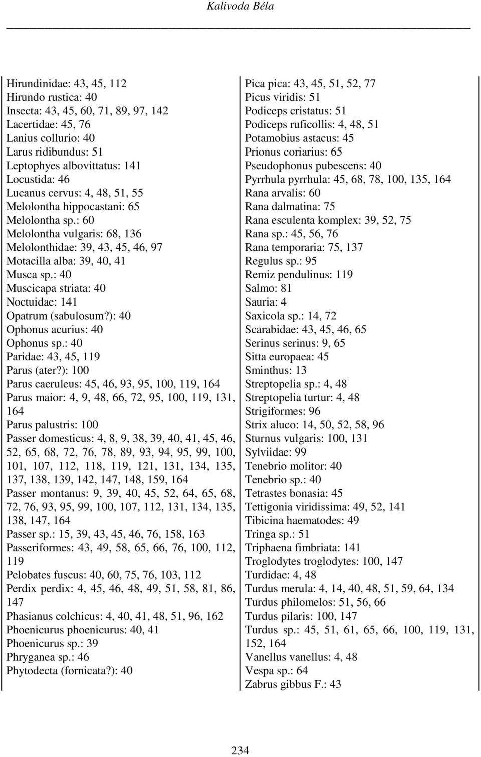 : 40 Muscicapa striata: 40 Noctuidae: 141 Opatrum (sabulosum?): 40 Ophonus acurius: 40 Ophonus sp.: 40 Paridae: 43, 45, 119 Parus (ater?