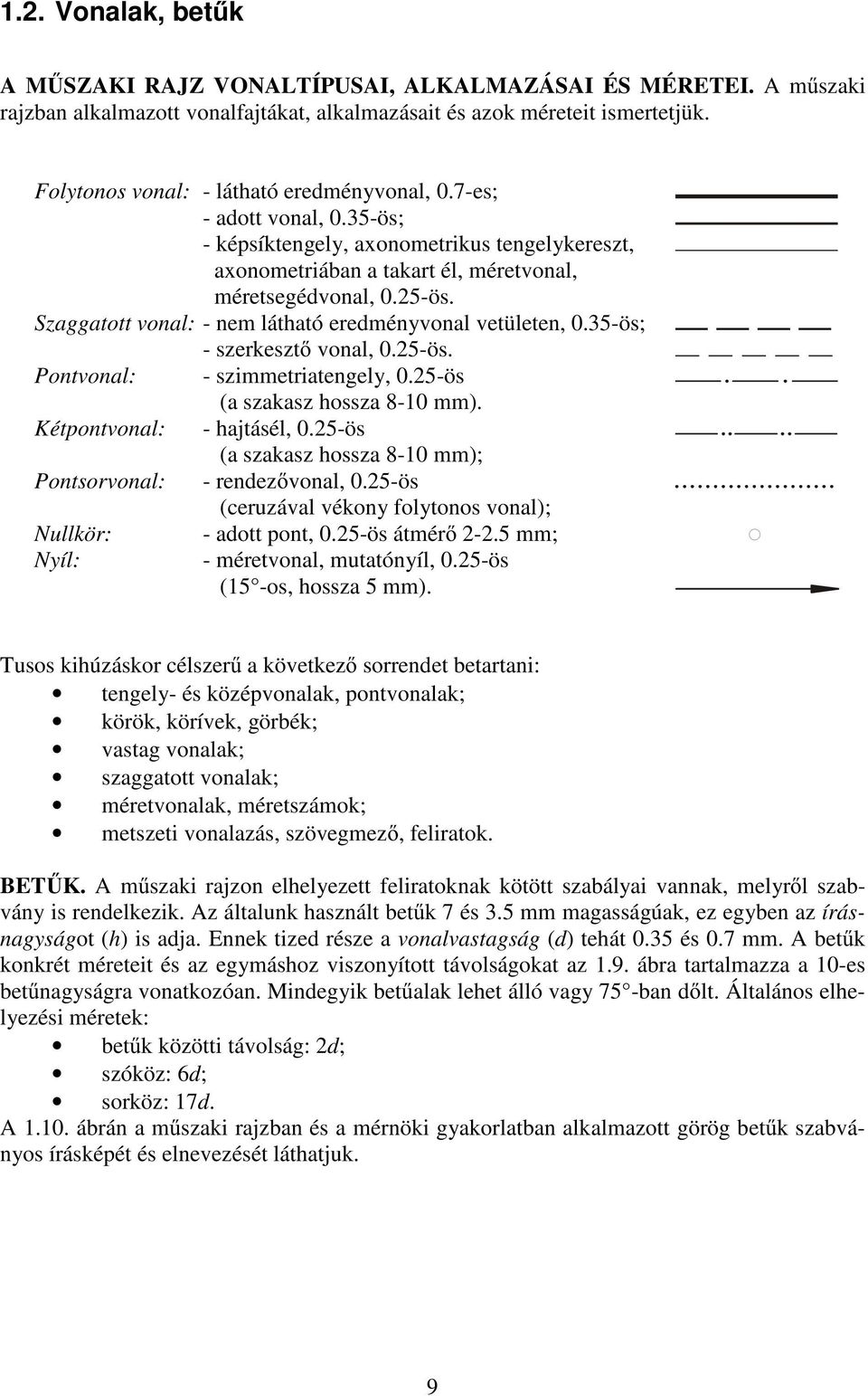 Szaggatott vonal: - nem látható eredményvonal vetületen, 0.35-ös; - szerkesztı vonal, 0.25-ös. Pontvonal: - szimmetriatengely, 0.25-ös (a szakasz hossza 8-10 mm). Kétpontvonal: - hajtásél, 0.