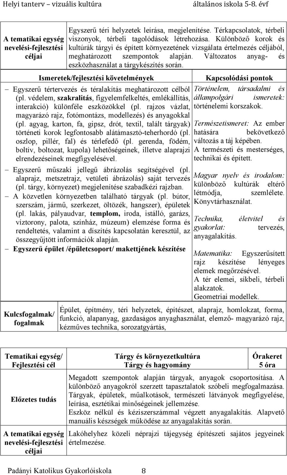 Egyszerű tértervezés és téralakítás meghatározott célból (pl. védelem, szakralitás, figyelemfelkeltés, emlékállítás, interakció) különféle eszközökkel (pl.