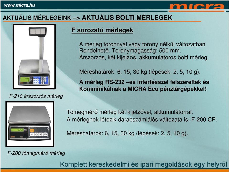 F-210 árszorzós mérleg A mérleg RS-232 es interfésszel felszereltek és Komminikálnak a MICRA Eco pénztárgépekkel!