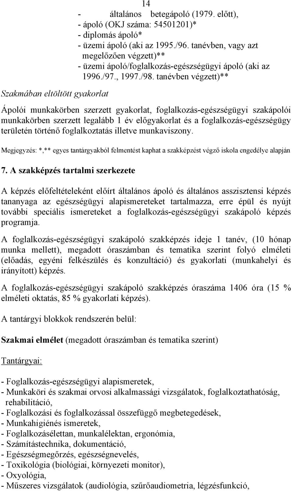 tanévben végzett)** Ápolói munkakörben szerzett gyakorlat, foglalkozás-egészségügyi szakápolói munkakörben szerzett legalább 1 év előgyakorlat és a foglalkozás-egészségügy területén történő