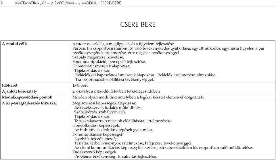 Finommanipuláció, percepció fejlesztése. Geometriai ismeretek alapozása. Tájékozódás a síkon. Relációkkal kapcsolatos ismeretek alapozása: Relációk értelmezése, ábrázolása.