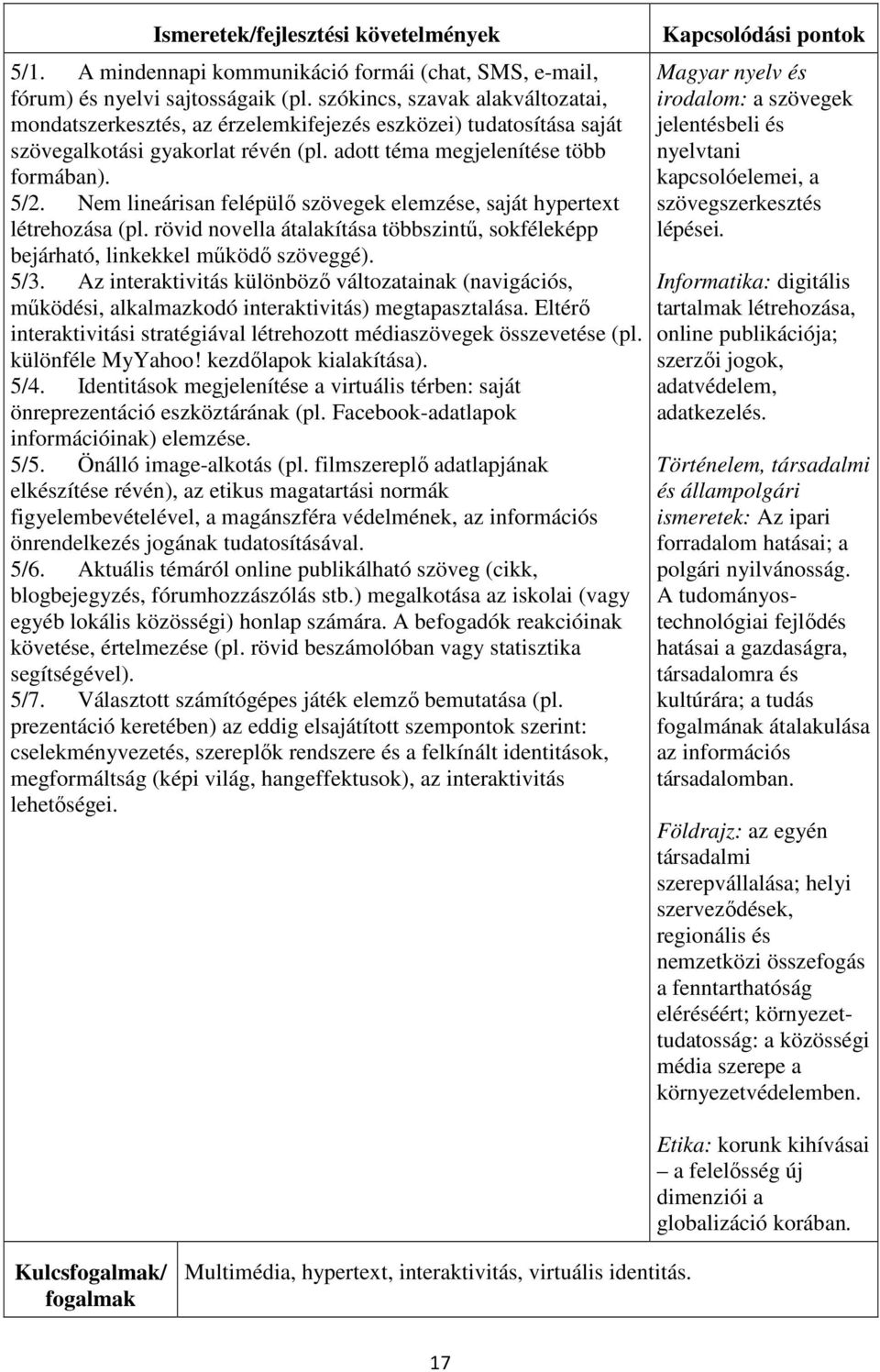 Nem lineárisan felépülő szövegek elemzése, saját hypertext létrehozása (pl. rövid novella átalakítása többszintű, sokféleképp bejárható, linkekkel működő szöveggé). 5/3.