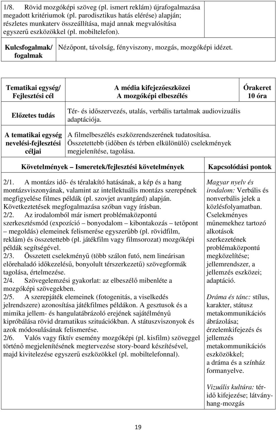 Tematikai egység/ A tematikai egység nevelési-fejlesztési A média kifejezőeszközei A mozgóképi elbeszélés Tér- és időszervezés, utalás, verbális tartalmak audiovizuális adaptációja.