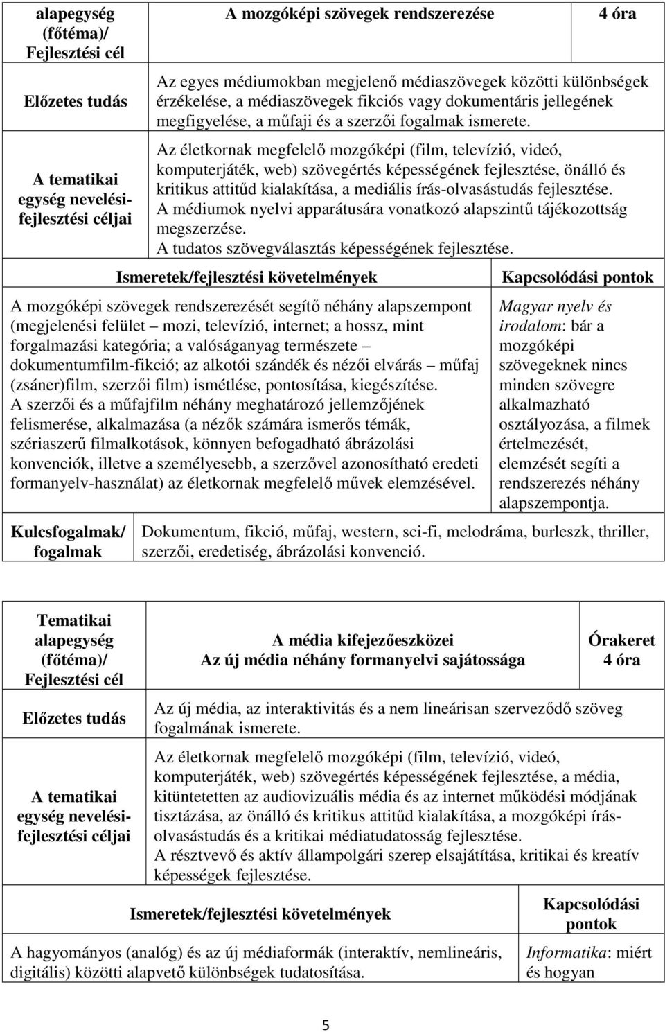 Az életkornak megfelelő mozgóképi (film, televízió, videó, komputerjáték, web) szövegértés képességének fejlesztése, önálló és kritikus attitűd kialakítása, a mediális írás-olvasástudás fejlesztése.