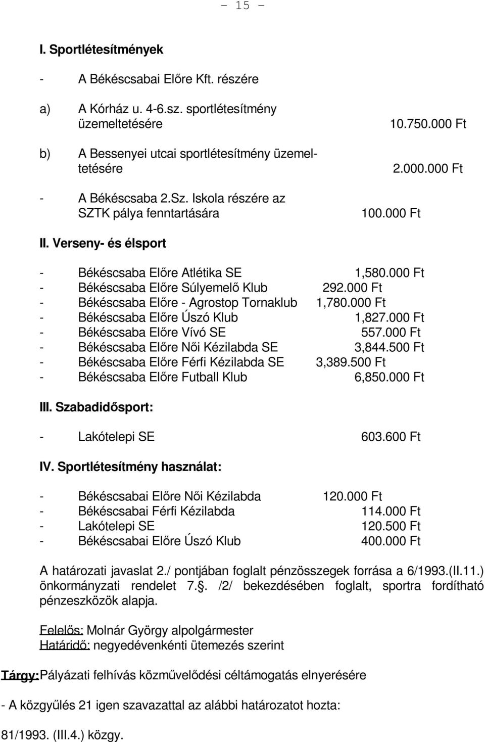 000 Ft - Békéscsaba Előre - Agrostop Tornaklub 1,780.000 Ft - Békéscsaba Előre Úszó Klub 1,827.000 Ft - Békéscsaba Előre Vívó SE 557.000 Ft - Békéscsaba Előre Női Kézilabda SE 3,844.