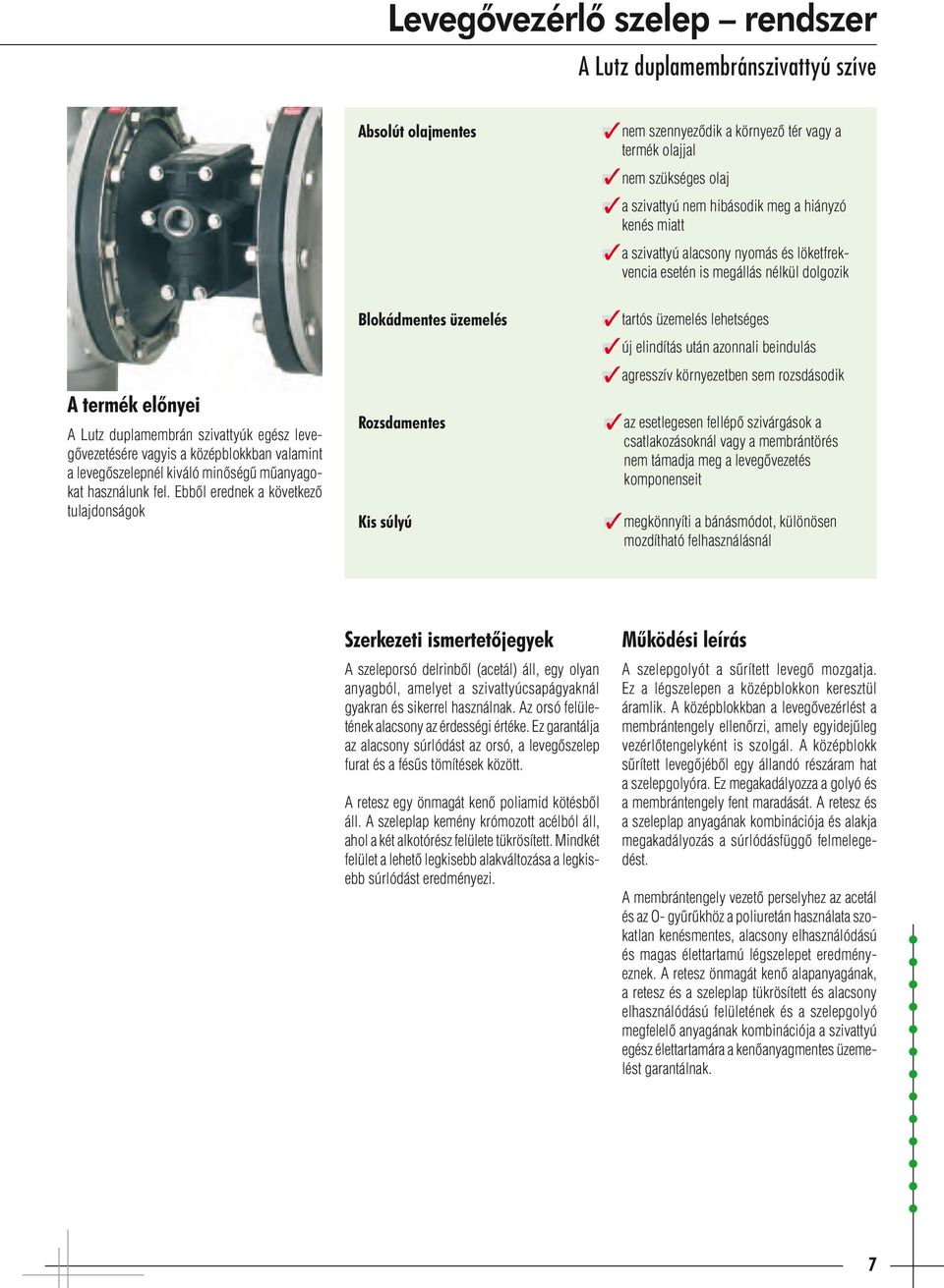 Ebbõl erednek a következõ tulajdonságok Absolút olajmentes Blokádmentes üzemelés Rozsdamentes Kis súlyú nem szennyezõdik a környezõ tér vagy a termék olajjal nem szükséges olaj a szivattyú nem