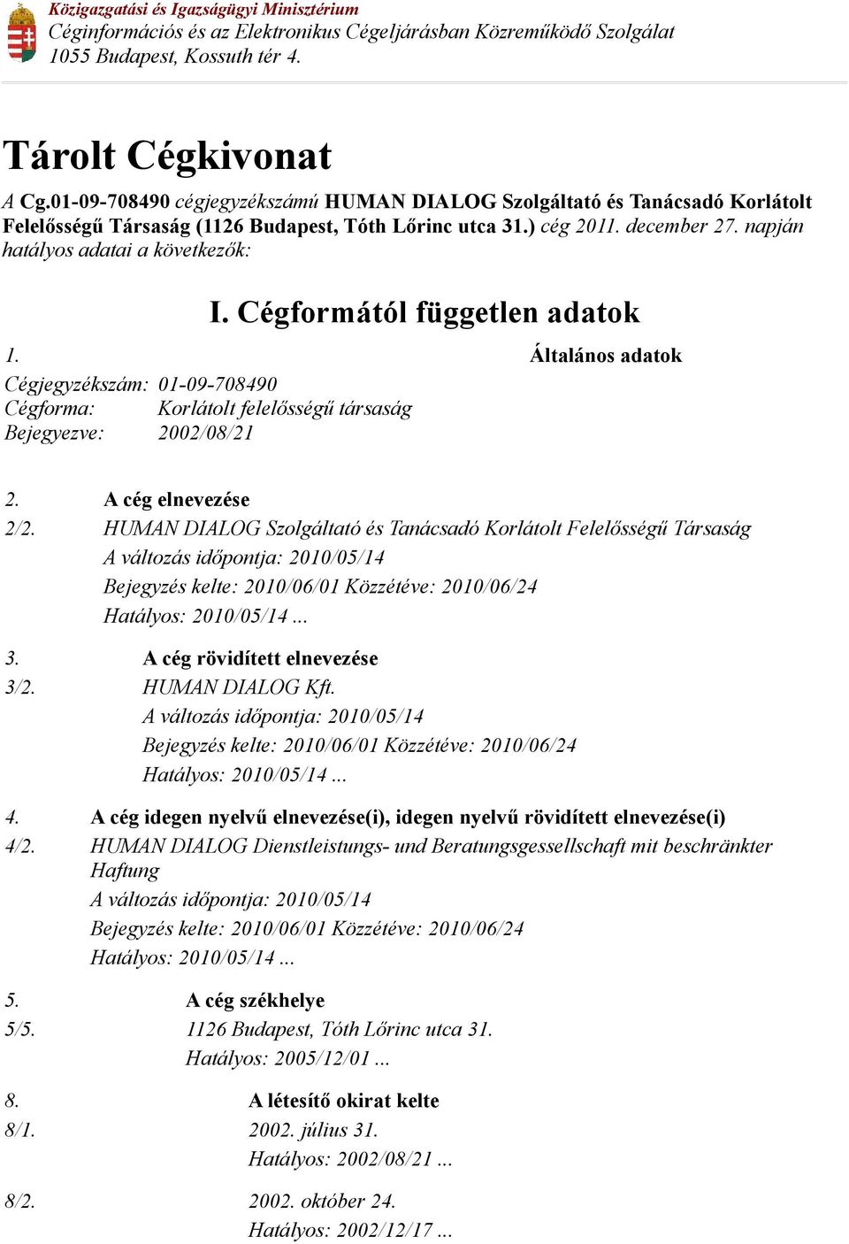 Cégformától független adatok 1. Általános adatok Cégjegyzékszám: 01-09-708490 Cégforma: Korlátolt felelősségű társaság Bejegyezve: 2002/08/21 2. A cég elnevezése 2/2.