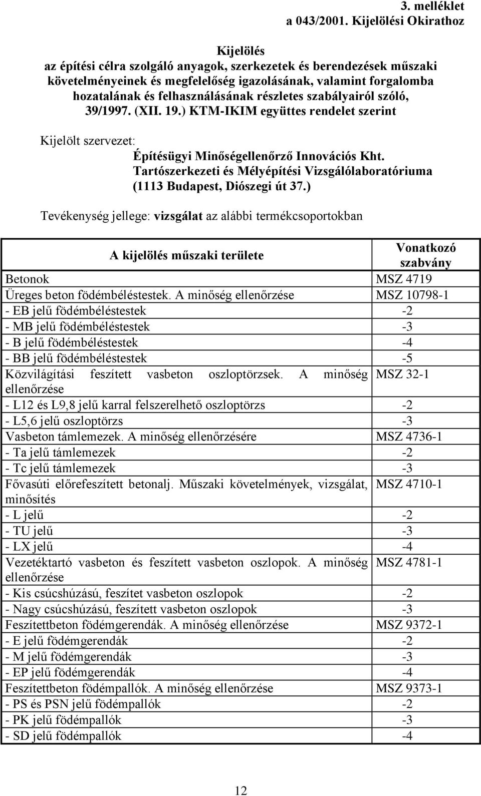 felhasználásának részletes szabályairól szóló, 39/1997. (XII. 19.) KTM-IKIM együttes rendelet szerint Kijelölt szervezet: Építésügyi Minőségellenőrző Innovációs Kht.