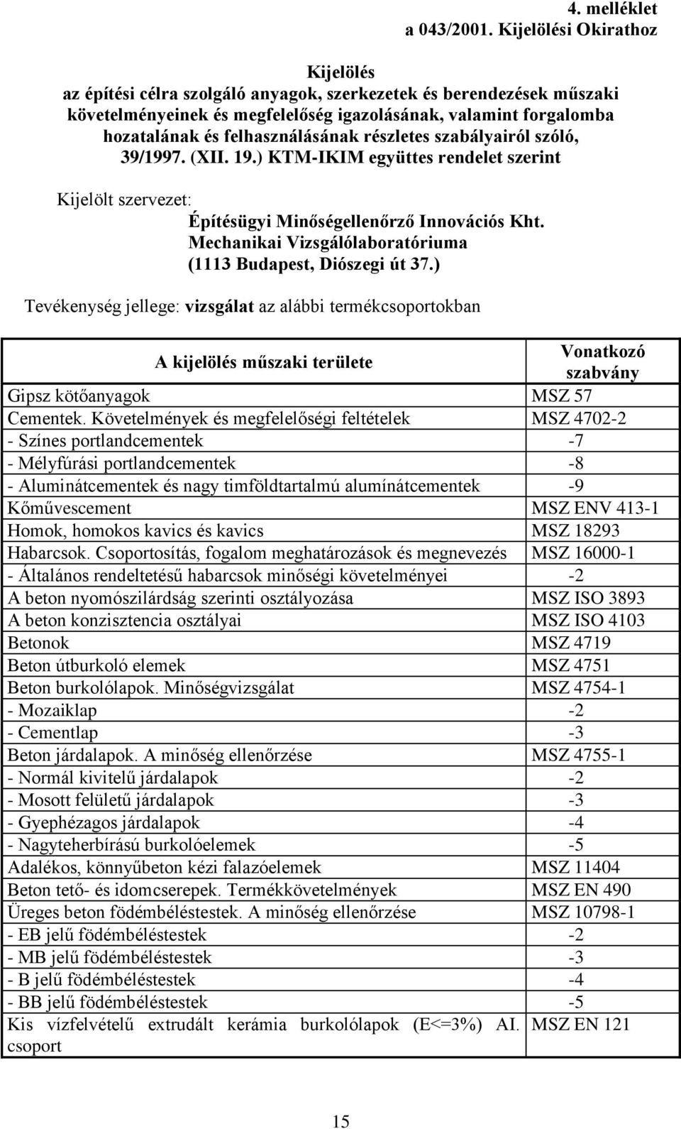 felhasználásának részletes szabályairól szóló, 39/1997. (XII. 19.) KTM-IKIM együttes rendelet szerint Kijelölt szervezet: Építésügyi Minőségellenőrző Innovációs Kht.