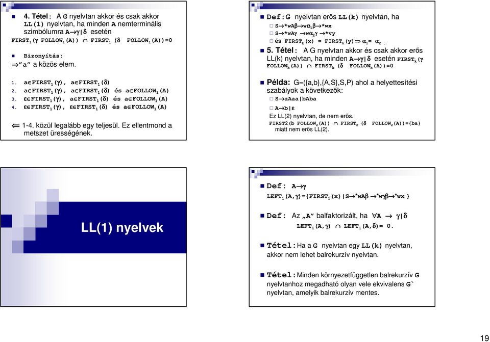 Ez ellentmond a metszet ürességének. Def:G nyelvtan erıs LL(k) nyelvtan, ha S *waβ β wα 1 β *wx S *waγ wα 2 γ *vy és FIRST k (x) = FIRST k (y) α 1 = α 2. 5.
