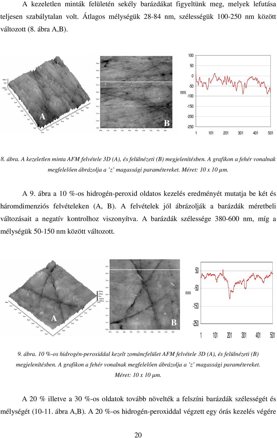 A grafikon a fehér vonalnak megfelelıen ábrázolja a z magassági paramétereket. Méret: 10 x 10 µm. A 9.
