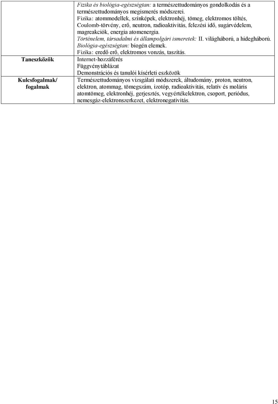 Történelem, társadalmi és állampolgári ismeretek: II. világháború, a hidegháború. Biológia-egészségtan: biogén elemek. Fizika: eredő erő, elektromos vonzás, taszítás.