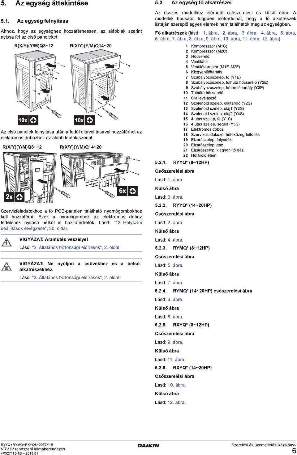 eltávolításával hozzáférhet az elektromos dobozhoz az alább leírtak szerint. R(X/Y)(Y/M)Q8~ x 0x R(X/Y)(Y/M)Q~0 Szervizfeladatokhoz a fő PCB-panelen található nyomógombokhoz kell hozzáférni.