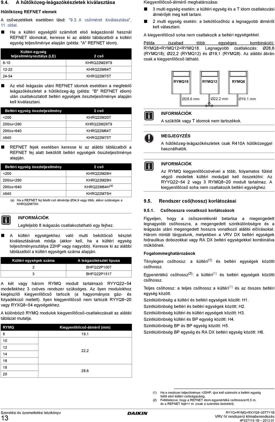 Kültéri egység teljesítményosztálya (LE) cső 8-0 KHRQM9T9 - KHRQM6T -5 KHRQM75T Az első leágazás utáni REFNET idomok esetében a megfelelő leágazókészletet a hűtőközeg-ág (példa: "B" REFNET idiom)