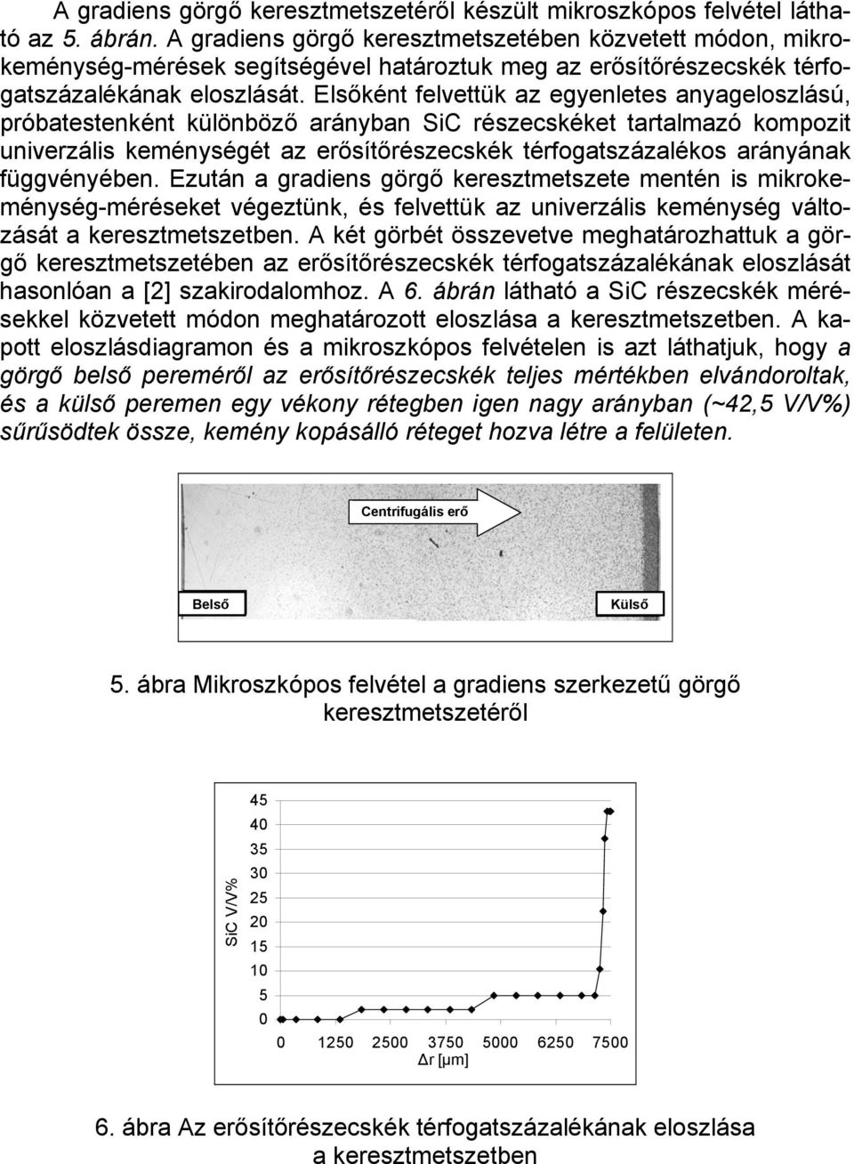 Elsőként felvettük az egyenletes anyageloszlású, próbatestenként különböző arányban SiC részecskéket tartalmazó kompozit univerzális keménységét az erősítőrészecskék térfogatszázalékos arányának