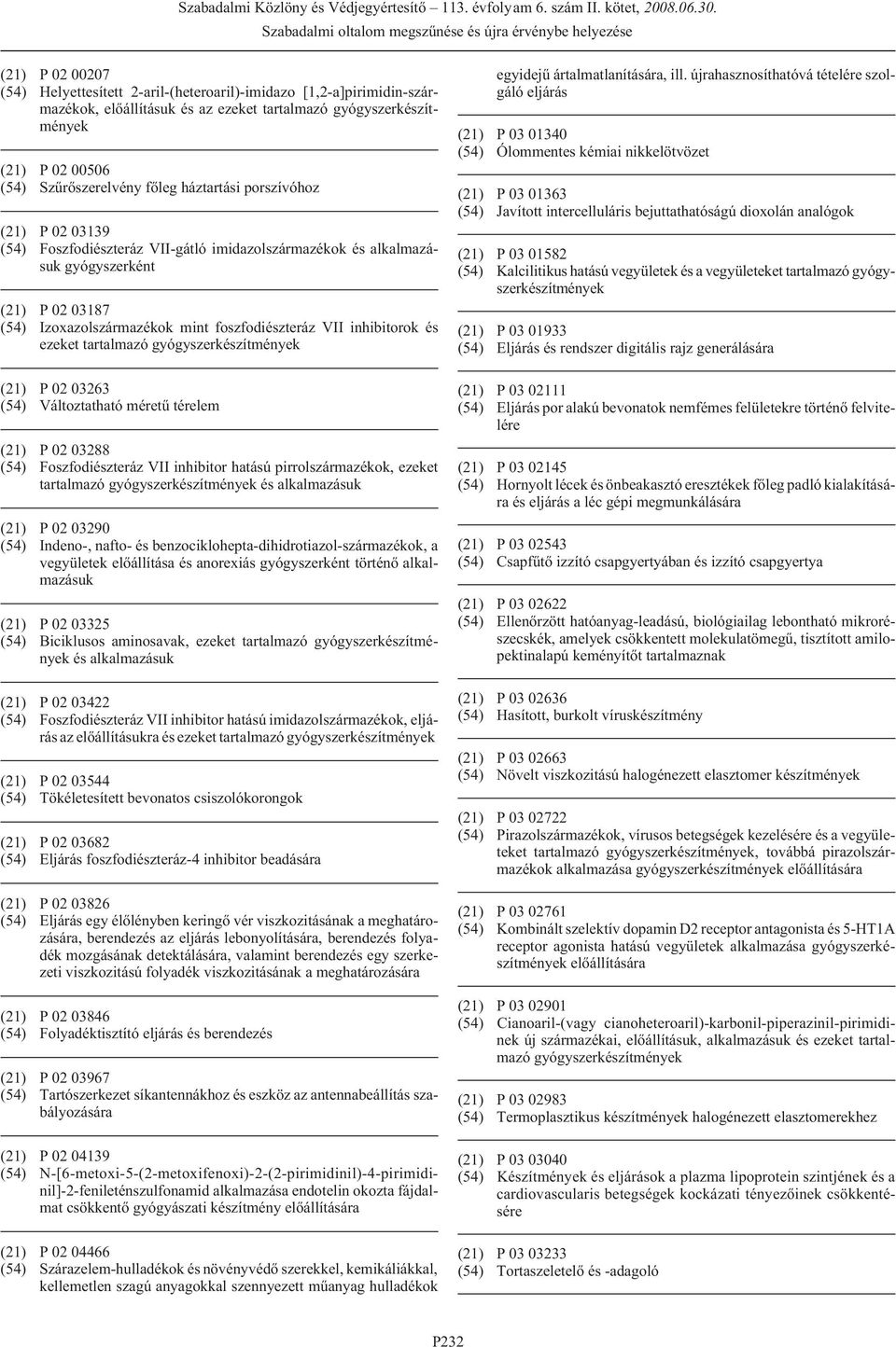 tartalmazó gyógyszerkészítmények (21) P 02 03263 (54) Változtatható méretû térelem (21) P 02 03288 (54) Foszfodiészteráz VII inhibitor hatású pirrolszármazékok, ezeket tartalmazó
