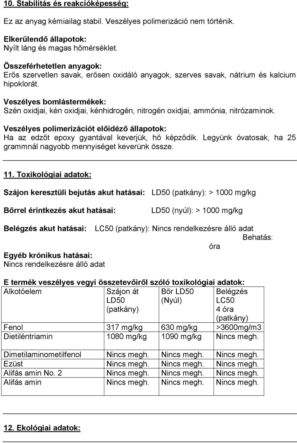 Veszélyes bomlástermékek: Szén oxidjai, kén oxidjai, kénhidrogén, nitrogén oxidjai, ammónia, nitrózaminok.