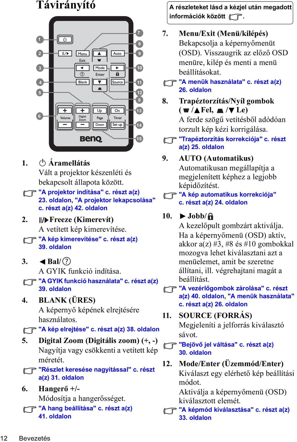 Bal/ A GYIK funkció indítása. "A GYIK funkció használata" c. részt a(z) 39. oldalon 4. BLANK (ÜRES) A képernyő képének elrejtésére használatos. "A kép elrejtése" c. részt a(z) 38. oldalon 5.