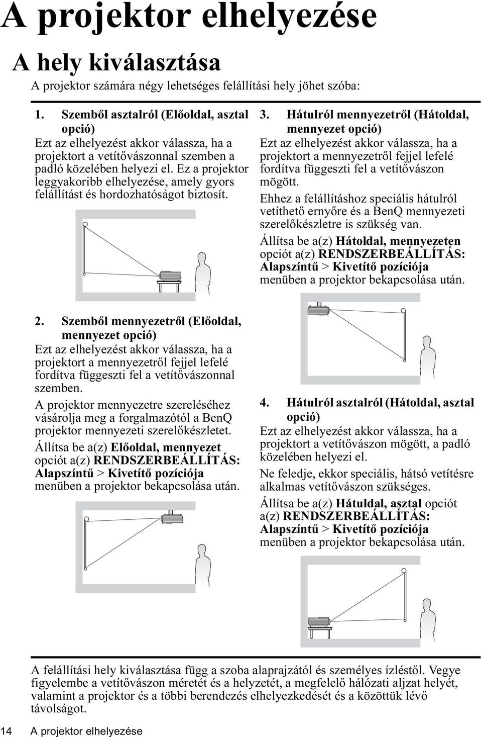 Ez a projektor leggyakoribb elhelyezése, amely gyors felállítást és hordozhatóságot biztosít. 3.