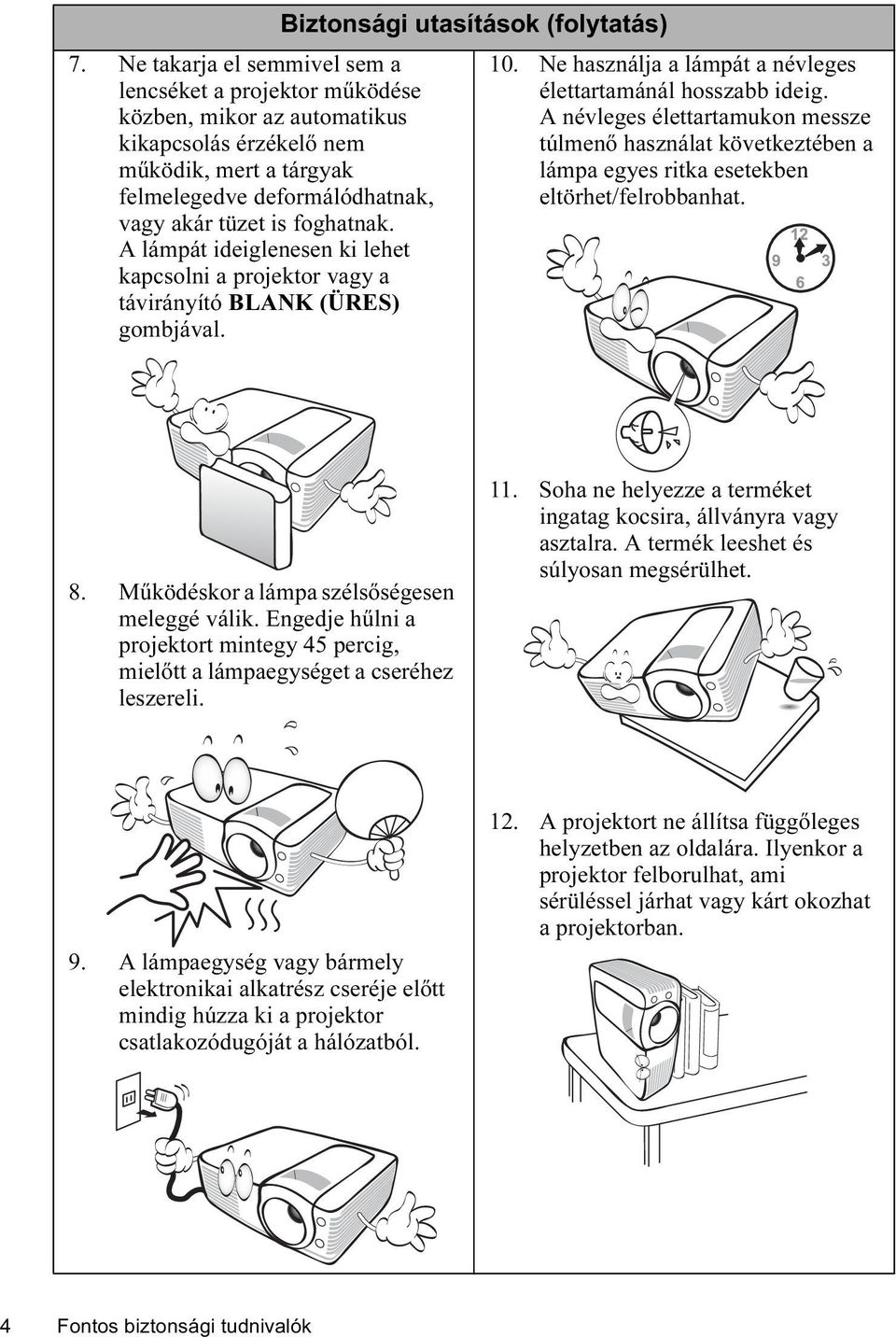 Ne használja a lámpát a névleges élettartamánál hosszabb ideig. A névleges élettartamukon messze túlmenő használat következtében a lámpa egyes ritka esetekben eltörhet/felrobbanhat. 8.