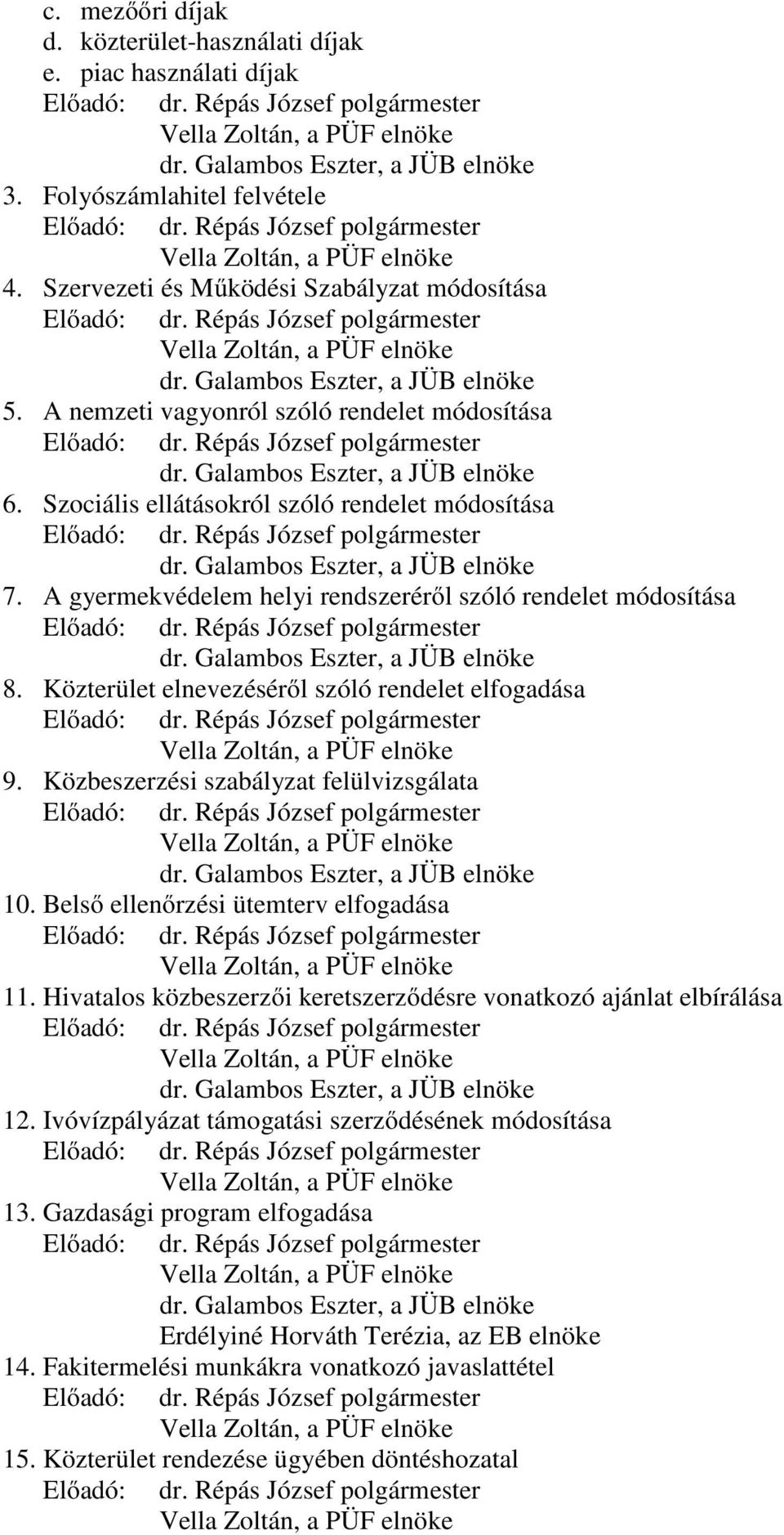 Közterület elnevezéséről szóló rendelet elfogadása 9. Közbeszerzési szabályzat felülvizsgálata 10. Belső ellenőrzési ütemterv elfogadása 11.