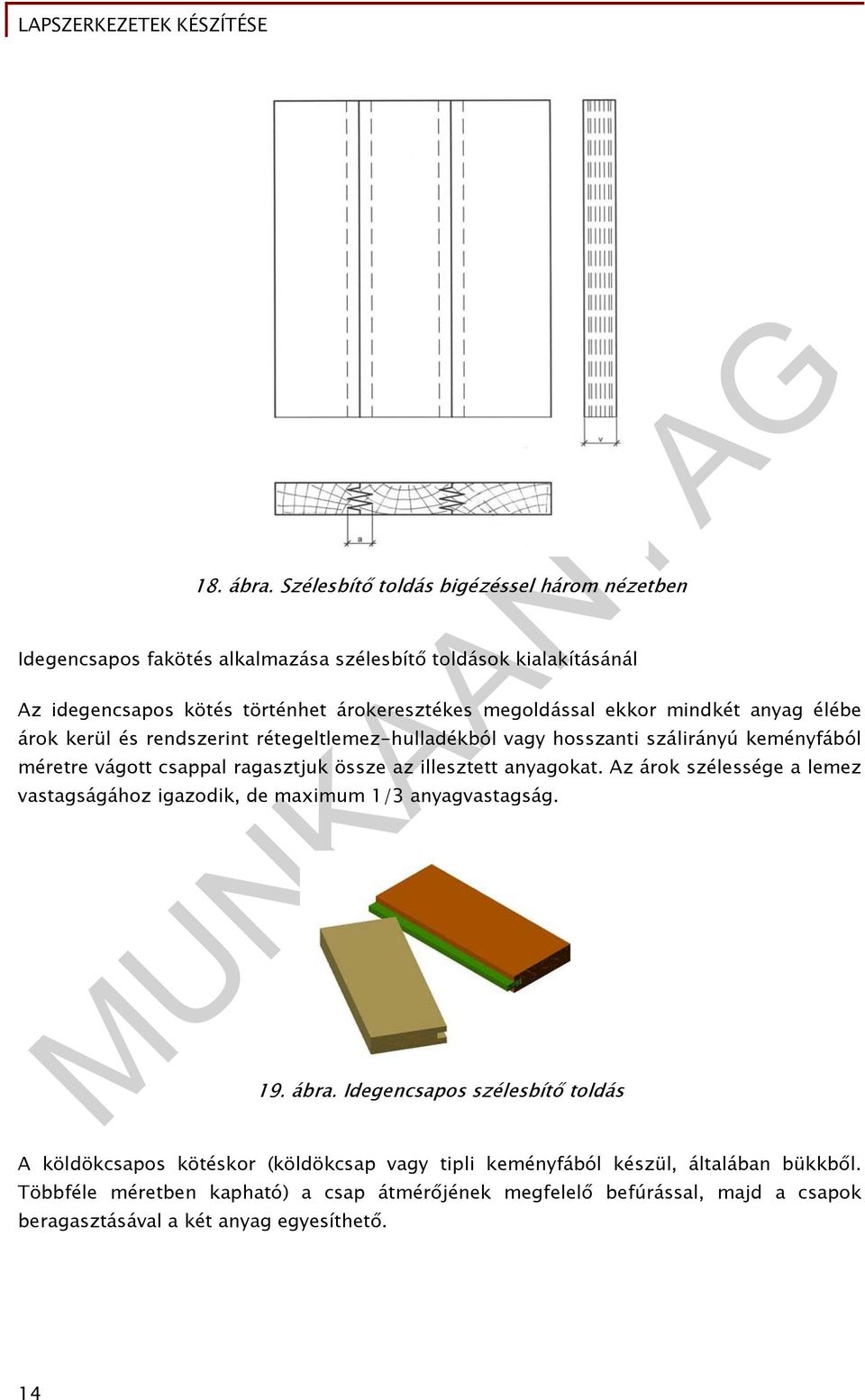 ekkor mindkét anyag élébe árok kerül és rendszerint rétegeltlemez-hulladékból vagy hosszanti szálirányú keményfából méretre vágott csappal ragasztjuk össze az illesztett