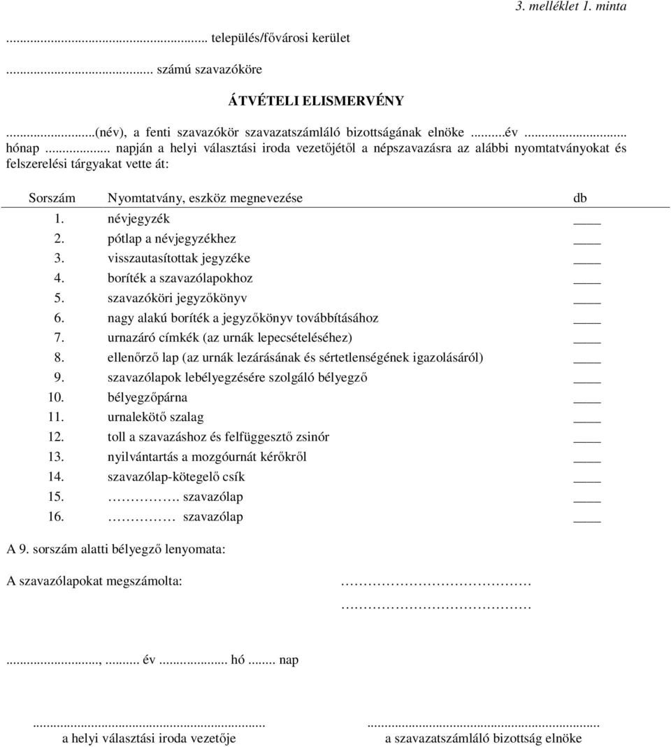 pótlap a névjegyzékhez 3. visszautasítottak jegyzéke 4. boríték a szavazólapokhoz 5. szavazóköri jegyzőkönyv 6. nagy alakú boríték a jegyzőkönyv továbbításához 7.