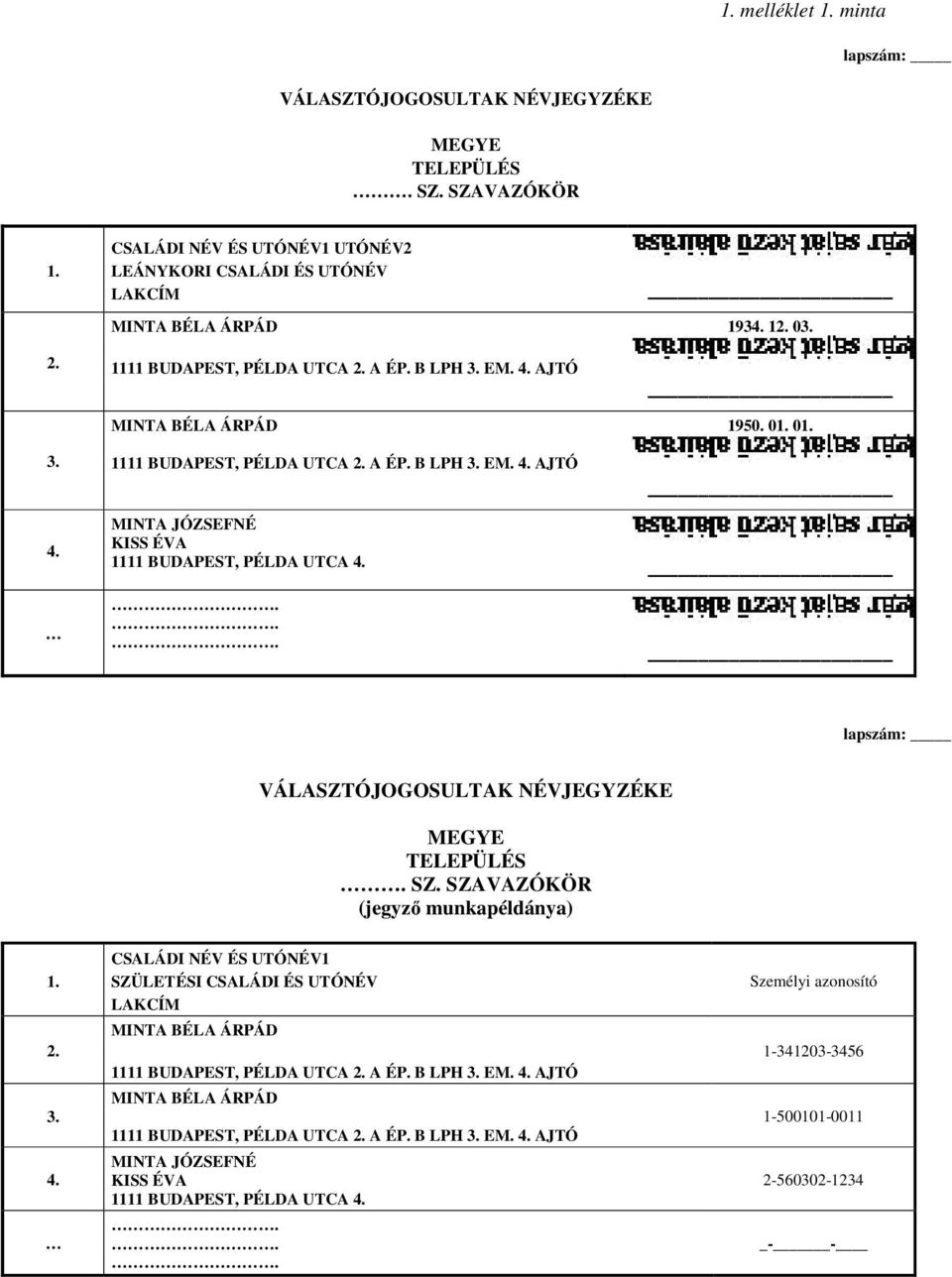 ... 1934. 12. 03. 1950. 01. 01. lapszám: VÁLASZTÓJOGOSULTAK NÉVJEGYZÉKE MEGYE TELEPÜLÉS. SZ. SZAVAZÓKÖR (jegyző munkapéldánya) 1. 2. 3. 4. CSALÁDI NÉV ÉS UTÓNÉV1 SZÜLETÉSI CSALÁDI ÉS UTÓNÉV LAKCÍM .