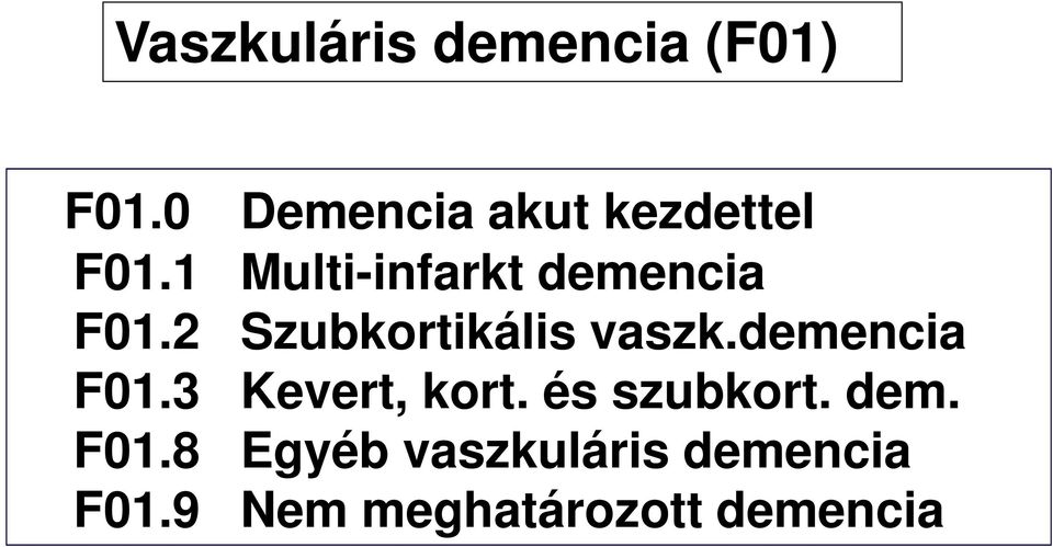 1 Multi-infarkt demencia F01.2 Szubkortikális vaszk.