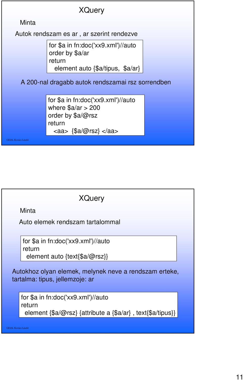 xml')//auto where $a/ar > 200 order by $a/@rsz <aa> $a/@rsz </aa> Minta Auto elemek rendszam tartalommal for $a in fn:doc('xx9.