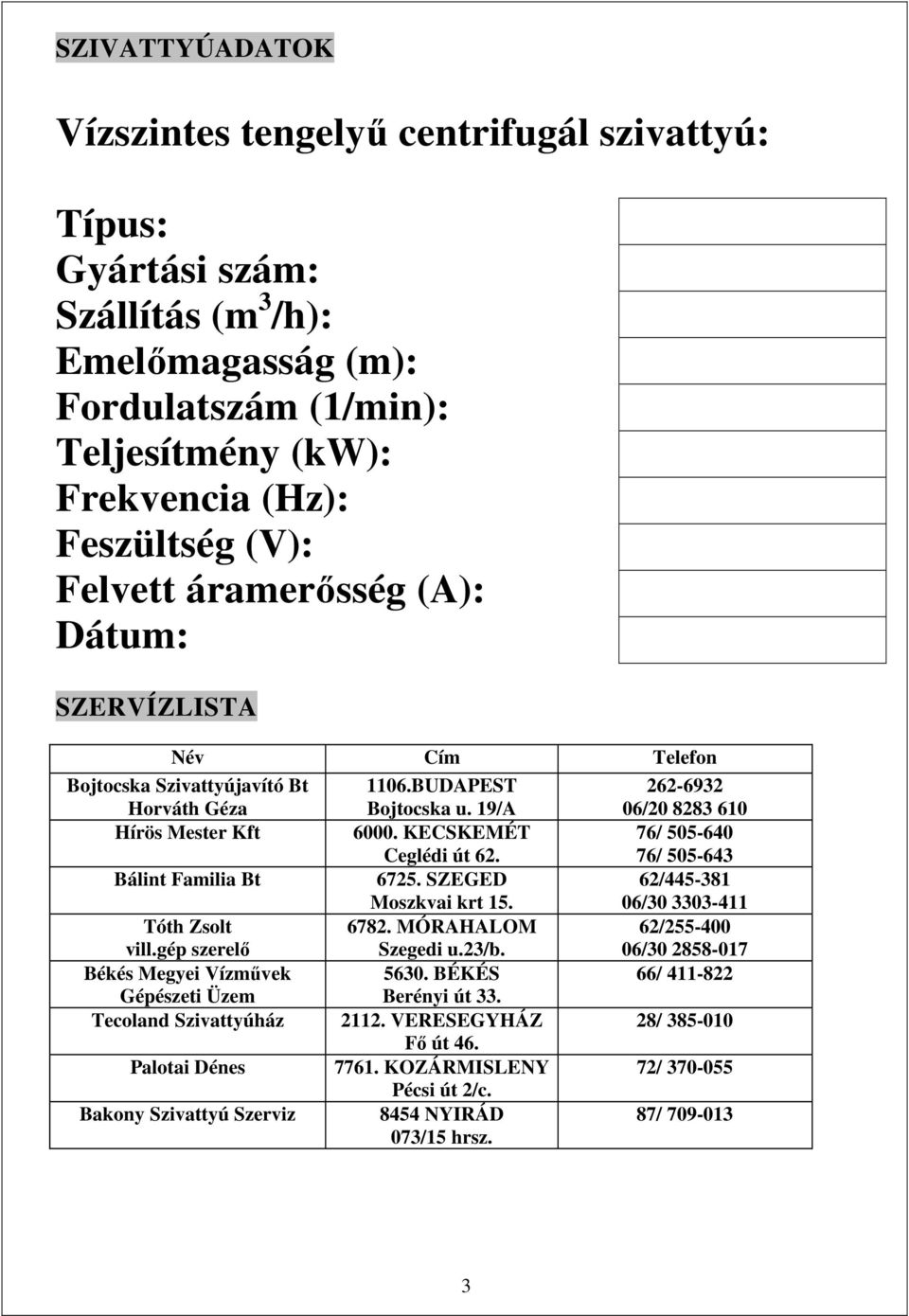 KECSKEMÉT Ceglédi út 62. 76/ 505-640 76/ 505-643 Bálint Familia Bt 6725. SZEGED Moszkvai krt 15. 62/445-381 06/30 3303-411 Tóth Zsolt vill.gép szerelő 6782. MÓRAHALOM Szegedi u.23/b.