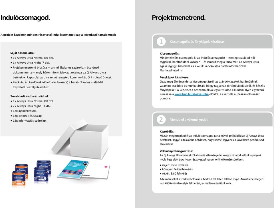 Projektmenetrend brosúra a trnd általános szájreklám ösztönző dokumentuma mely háttérinformációkat tartalmaz az új Always Ultra betétekkel kapcsolatban, valamint rengeteg kommunikációt inspiráló