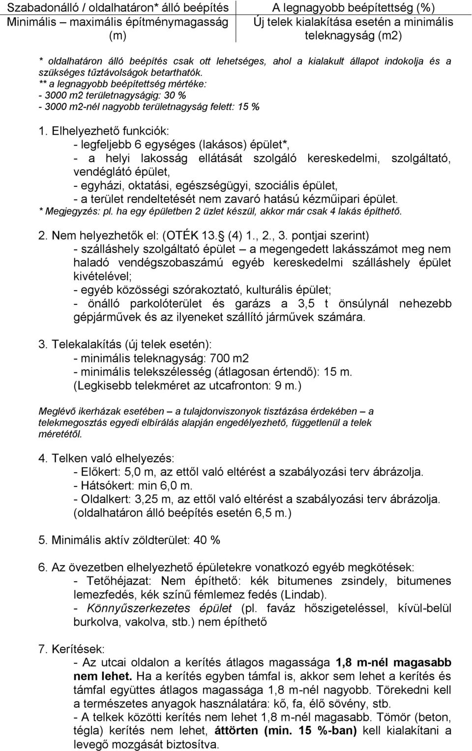 ** a legnagyobb beépítettség mértéke: - 3000 m2 területnagyságig: 30 % - 3000 m2-nél nagyobb területnagyság felett: 15 % - legfeljebb 6 egységes (lakásos) épület*, - a helyi lakosság ellátását