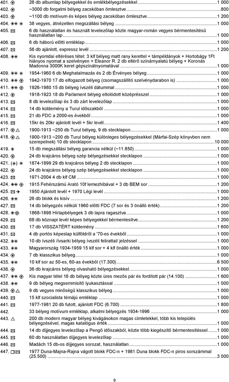 ..1 000 407. 56 db ajánlott, expressz levél...1 200 408. Kis nyomdai eltéréses tétel: 3 klf bélyeg matt rany kerettel + támpéldányok + Hortobágy 1Ft hiányos nyomat a szelvényen + Eleanor R.