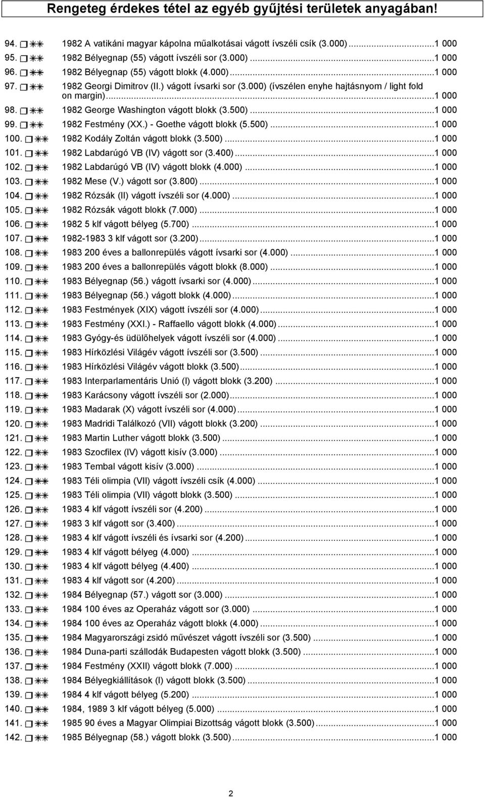 1982 George Washington vágott blokk (3.500)...1 000 99. 1982 Festmény (XX.) - Goethe vágott blokk (5.500)...1 000 100. 1982 Kodály Zoltán vágott blokk (3.500)...1 000 101.