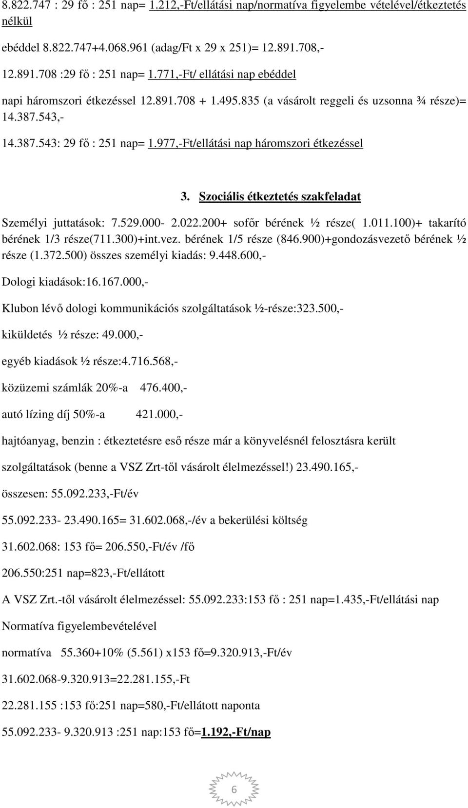 977,-Ft/ellátási nap háromszori étkezéssel 3. Szociális étkeztetés szakfeladat Személyi juttatások: 7.529.000-2.022.200+ sofőr bérének ½ része( 1.011.100)+ takarító bérének 1/3 része(711.300)+int.vez.