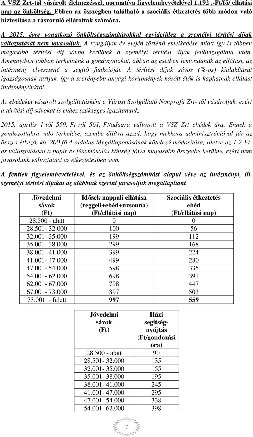 évre vonatkozó önköltségszámításokkal egyidejűleg a személyi térítési díjak változtatását nem javasoljuk.