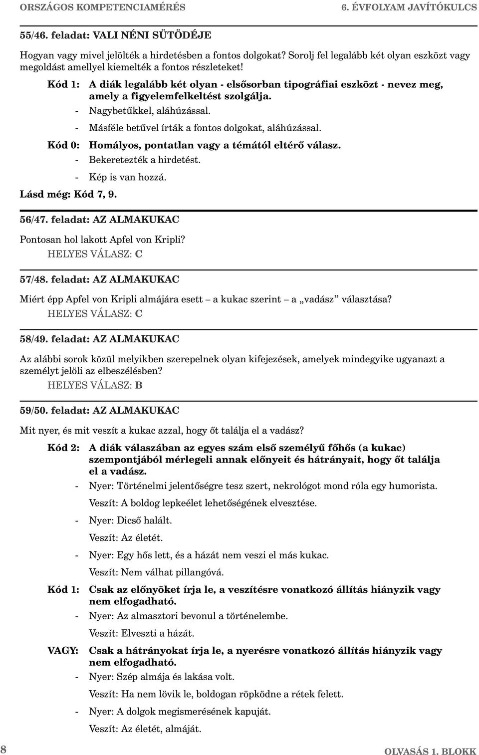 Kód 1: A diák legalább két olyan - elsõsorban tipográfiai eszközt - nevez meg, amely a figyelemfelkeltést szolgálja. - Nagybetûkkel, aláhúzással.