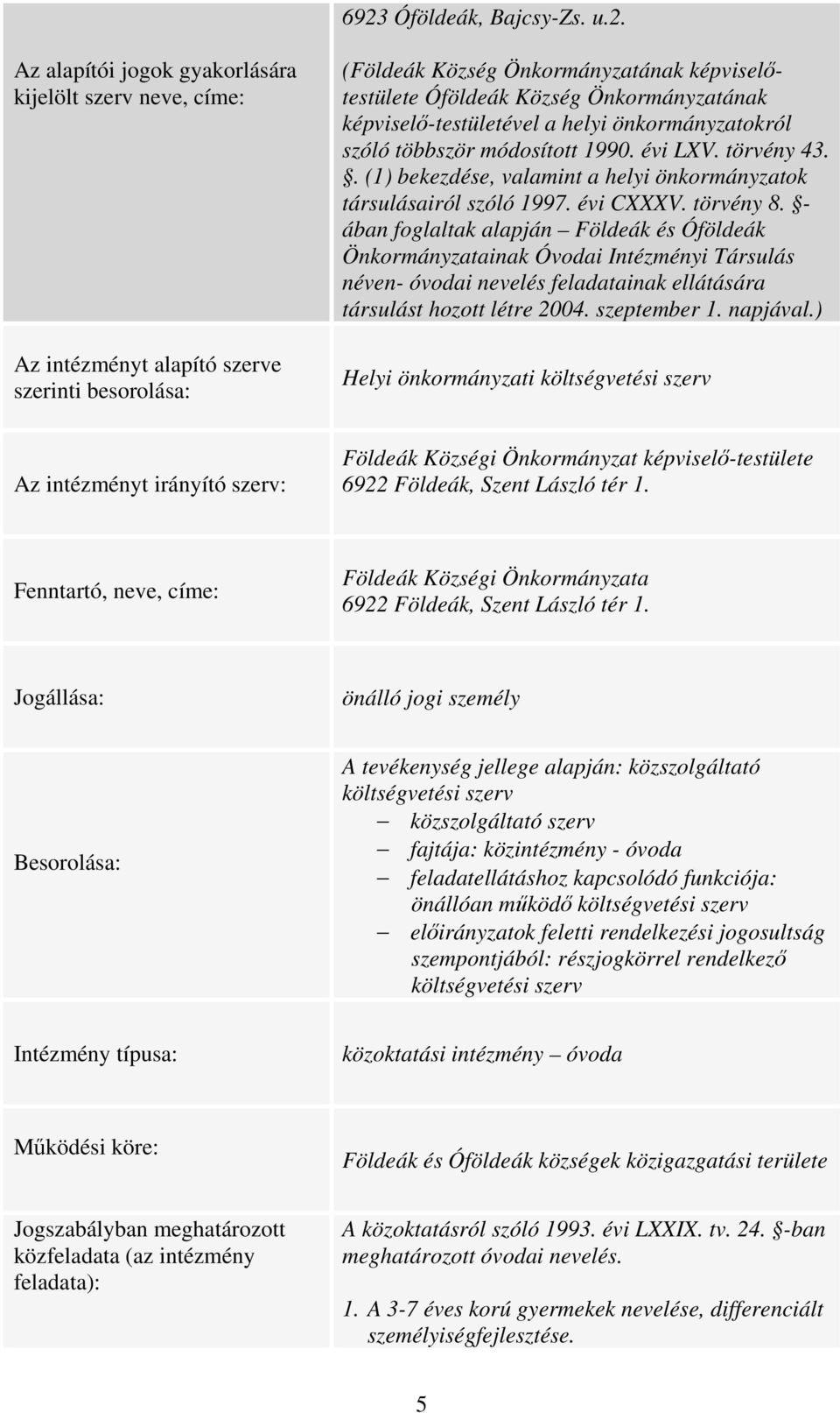 évi CXXXV. törvény 8. - ában foglaltak alapján Földeák és Óföldeák Önkormányzatainak Óvodai Intézményi Társulás néven- óvodai nevelés feladatainak ellátására társulást hozott létre 2004. szeptember 1.