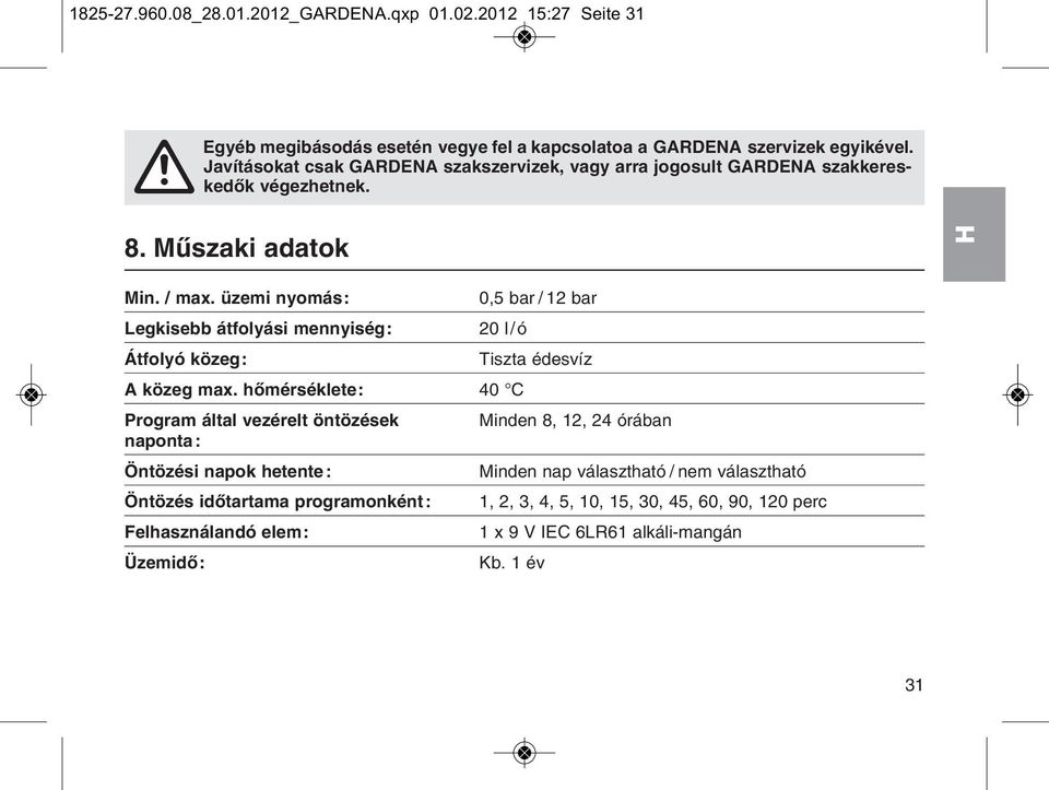 ьzemi nyomбs: 0,5 bar / 12 bar Legkisebb бtfolyбsi mennyisйg: 20 l/у Бtfolyу kцzeg: Tiszta йdesvнz A kцzeg max.