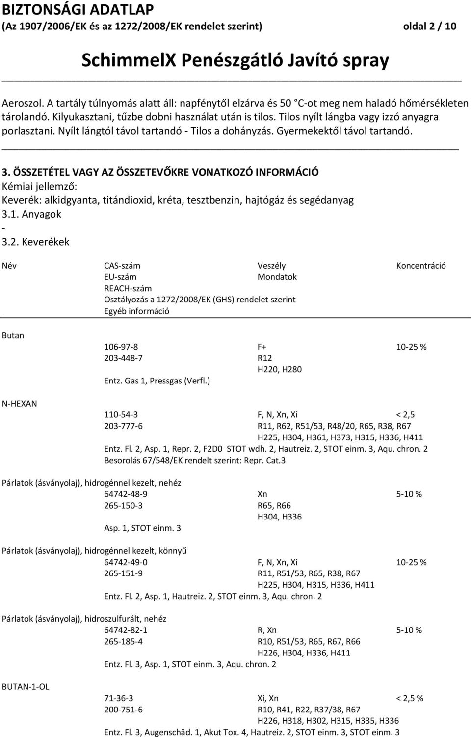 ÖSSZETÉTEL VAGY AZ ÖSSZETEVŐKRE VONATKOZÓ INFORMÁCIÓ Kémiai jellemző: Keverék: alkidgyanta, titándioxid, kréta, tesztbenzin, hajtógáz és segédanyag 3.1. Anyagok - 3.2.